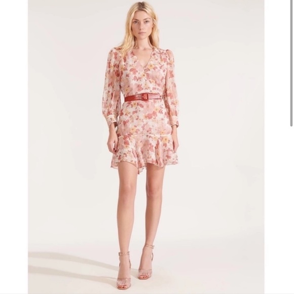 NWT VERONICA BEARD Cybil Mini Dress Silk Melon Pink Floral Long Sleeve Size 2 - Picture 2 of 13